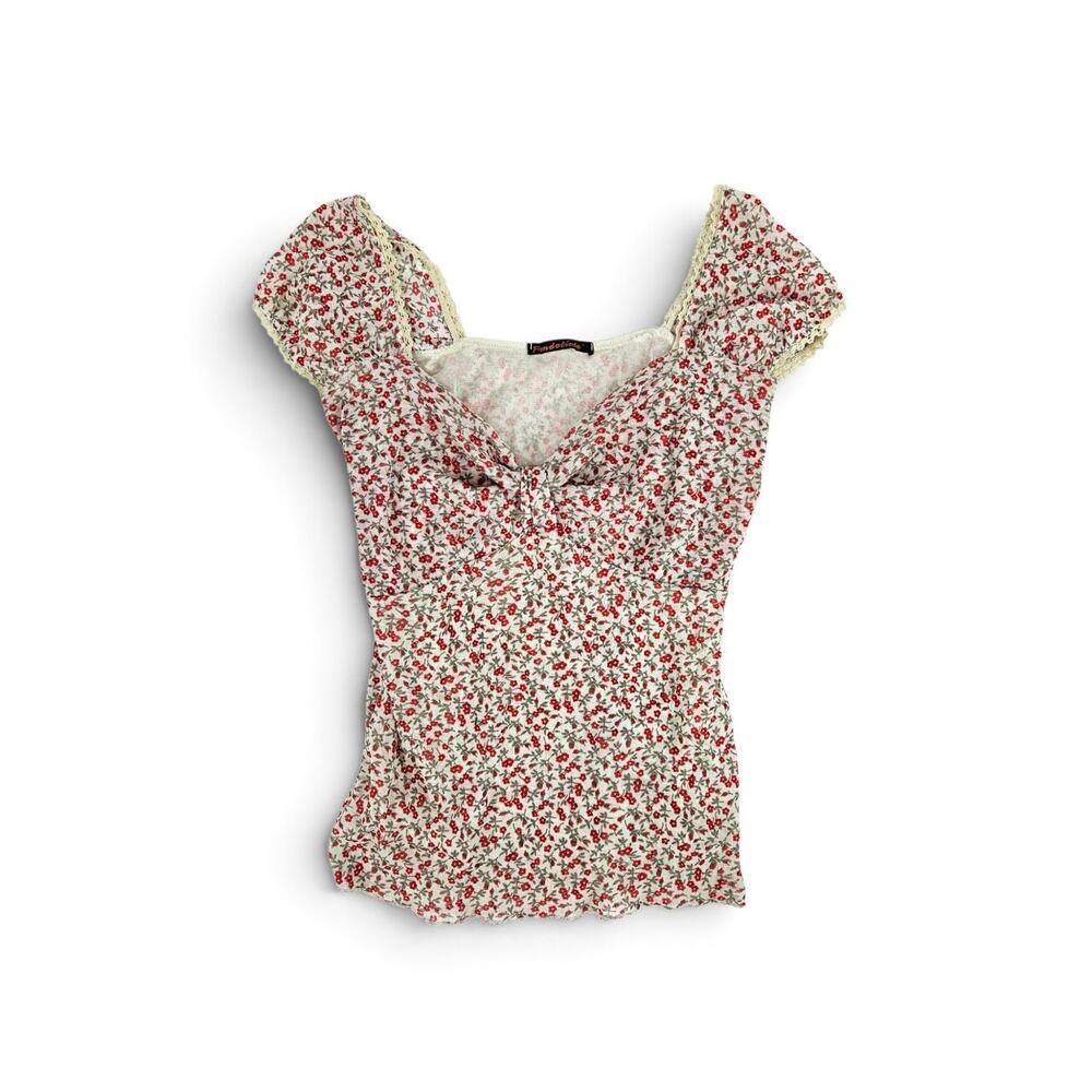 Y2k Euro Micro Mesh Top Milkmaid Fitted Ditsy Floral Coquette - Size Small